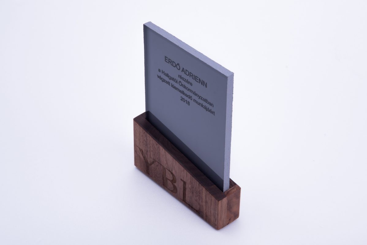 wood and concrete design trophy for university student with brand identity