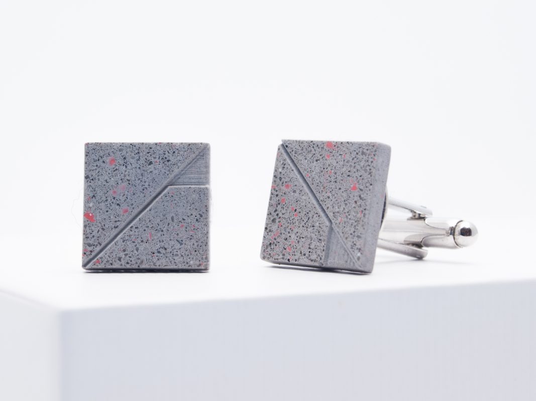 Gray terrazzo concrete cufflinks with tiny red parts