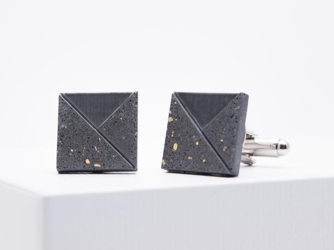 Designer concrete cufflinks with terrazzo pattern in anthracite and yellow