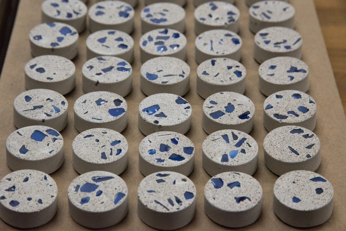 White terrazzo knobs with blue glass