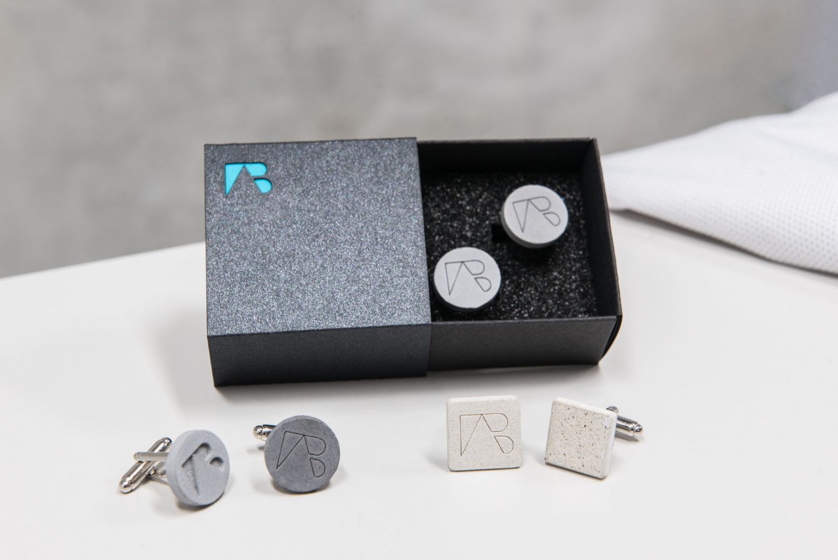 Concrete cufflink variations with custom shape, color, texture and logo options by AB Concrete Design