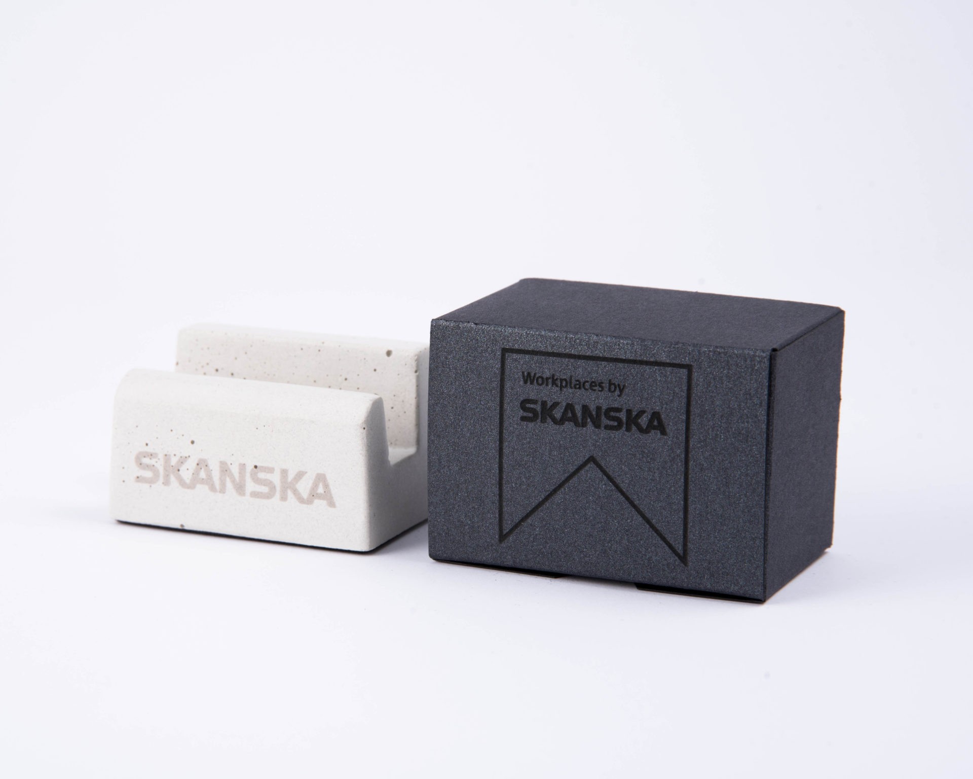 Branded concrete business gift with packaging produced for Skanska