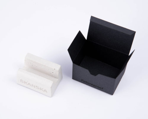 Business card holder with logo and custom made packaging as corporate gift for Skanska
