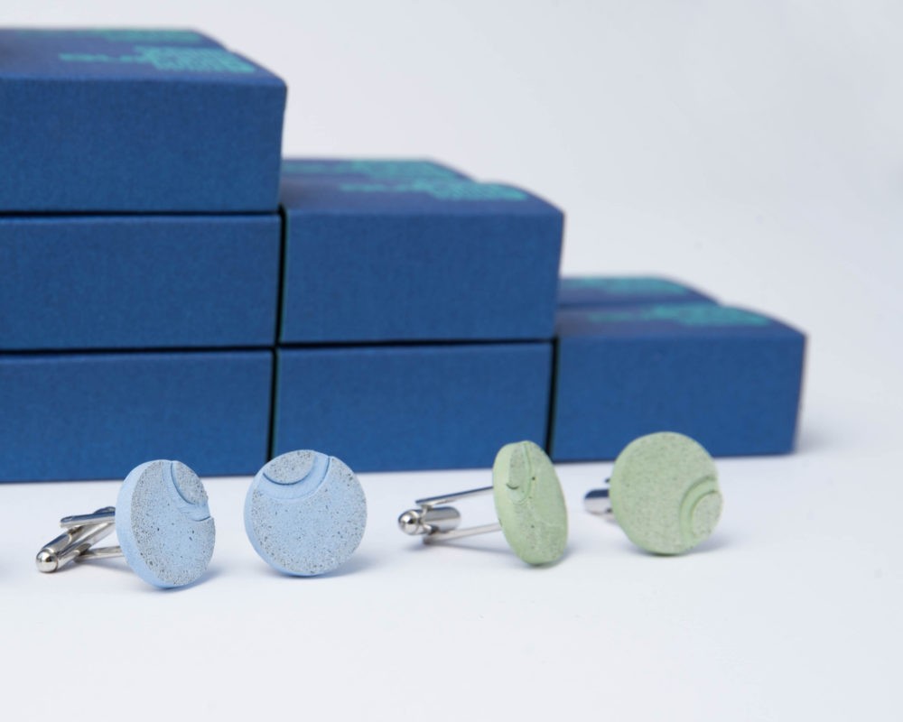 colored concrete cufflinks as corporate gifts for MC-Bauchemie