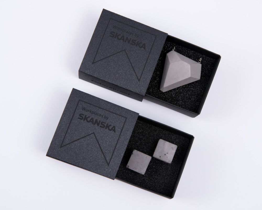 Exclusive concrete jewels for business clients with elegant cardboard giftbox branded for Skanska