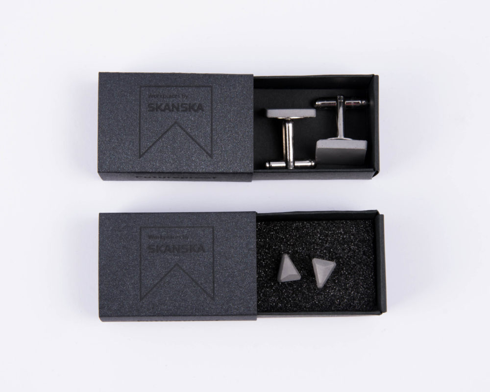 Exclusive designer concrete jewels as corporate gifts with customized giftbox for Skanska