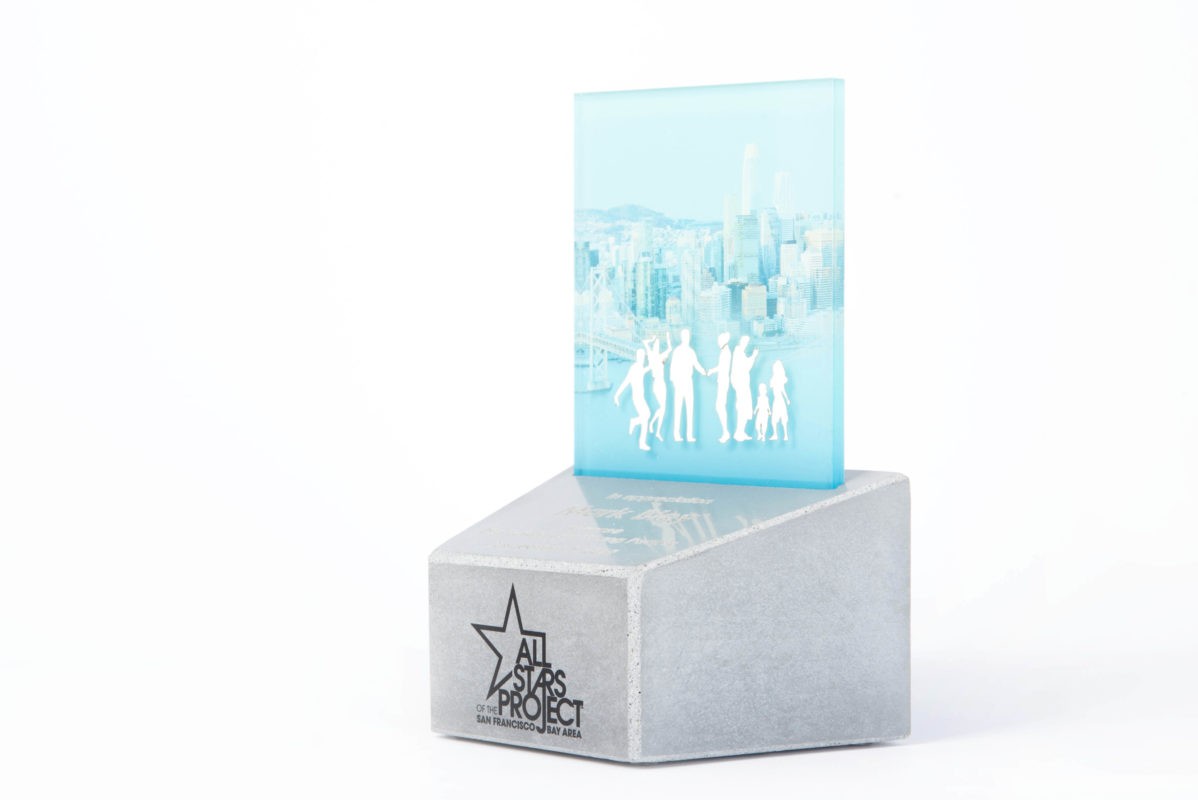 Unique trophy design made of concrete and UV printed acrylic glass